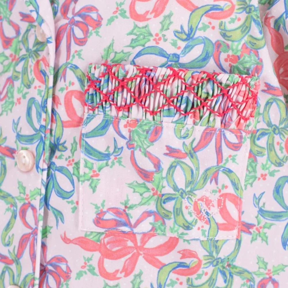 Dondolo Baby Girl Smocked Pajama Set 12M Pink Bow Print NWT Holiday Christmas